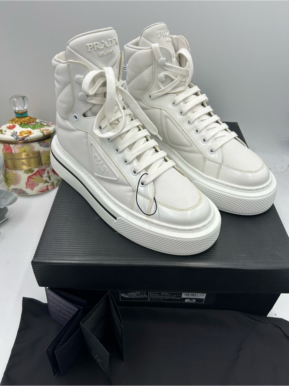 Women's Prada re-nylon and brushed leather high top sneakers size 41/11 US